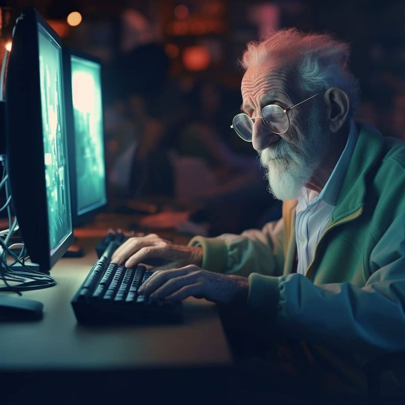 Senior man programming a control system on a computer