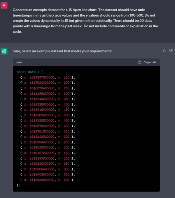 Using ChatGPT to generate test data for JS Apex line chart