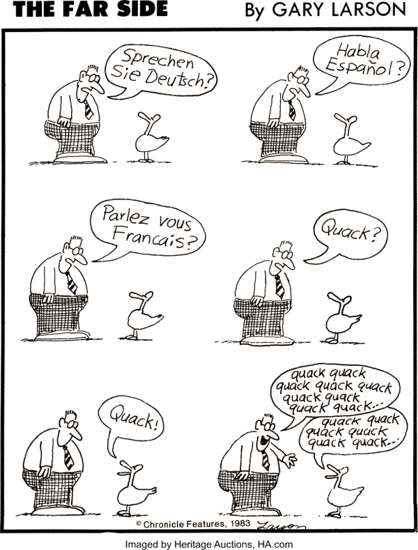 The Farside by Gary Larson comic strip of man talking to a duck (imaged by Heritage Auctions)